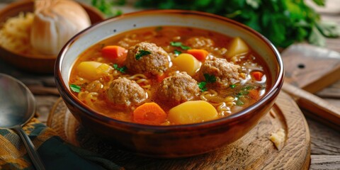 Wall Mural - A delicious bowl of soup filled with meatballs and a variety of vegetables. Perfect for a comforting meal. Can be used in recipes, food blogs, and restaurant menus