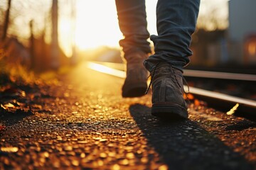 Poster - A person is seen walking along the train track at sunset. This image can be used to depict solitude, reflection, or a journey