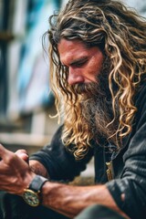Poster - A man with long hair and a beard is using a cell phone. This image can be used to depict modern technology and communication