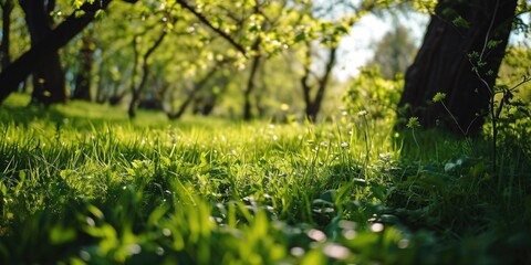 Poster - A picturesque field of grass with a backdrop of trees. Perfect for nature and landscape enthusiasts