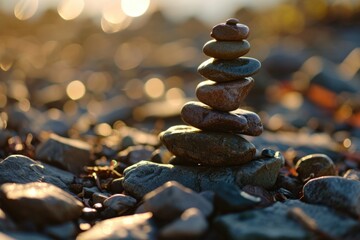 Poster - A stack of rocks sitting on top of a pile of rocks. Suitable for nature, balance, and tranquility themes