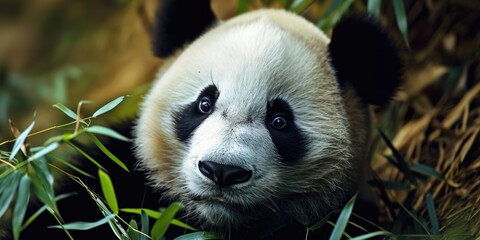 Poster - A close-up photograph of a panda bear in the grass. This image can be used to illustrate wildlife, nature, or conservation topics