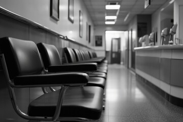 Poster - A row of black leather chairs in a hospital hallway. Suitable for medical and healthcare themes