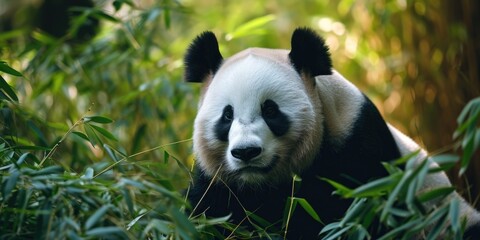 Poster - A picture of a panda bear walking through a beautiful, vibrant green forest. Perfect for nature and wildlife enthusiasts