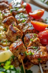Poster - A white plate topped with a delicious combination of meat and vegetables. Perfect for a healthy meal or a restaurant menu.
