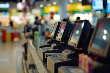 Poster - A row of cash machines in a store. Ideal for illustrating modern banking and convenience.