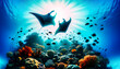 Manta ray swims over a colorful reef. Mantas are amongst the largest fish in the ocean with a wing span of up to 7 meters and weighing up to two tonnes