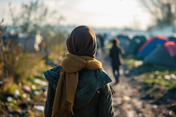 Refugees in the camp. Backdrop with selective focus and copy space