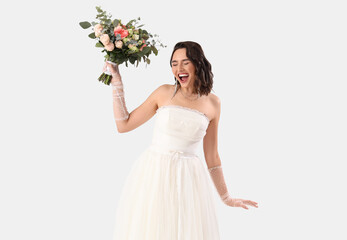 Poster - Beautiful bride with wedding bouquet on white background