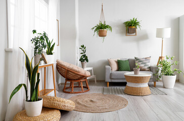 Poster - Interior of living room with green plants, sofa and armchair