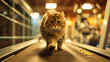 A determined cat strolls on a treadmill, blending the themes of pet fitness and active lifestyle