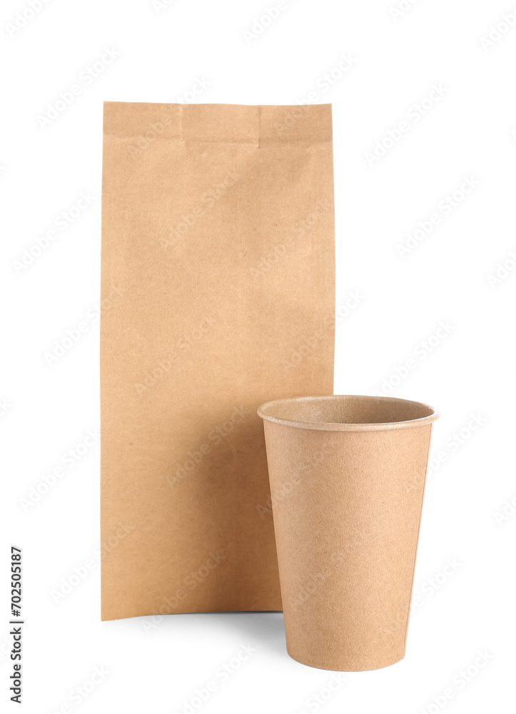 Takeaway paper cup and bag on white background