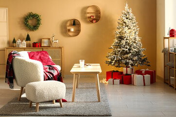 Sticker - Stylish interior of modern living room with Christmas tree