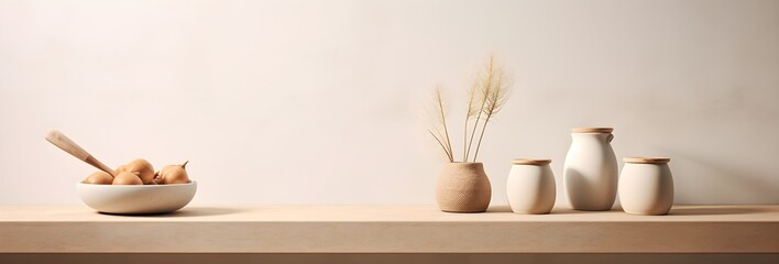 Wall Mural - kitchen banner with kitchen utensils, minimalism, Nordic style wood, rays of light, natural light from the window