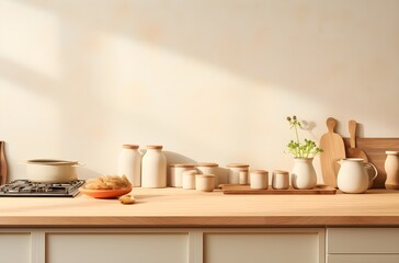 Wall Mural - kitchen banner with kitchen utensils, minimalism, Nordic style wood, rays of light, natural light from the window