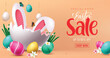 © ZeinousGDS - Easter sale text vector banner design. Easter sale special offer discount promo with cracks egg shell and bunny ears decoration elements. Vector illustration easter shopping advertisement banner.