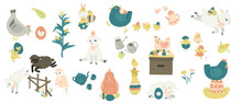 Easter Illustration Pack - Set Of Easter Lambs, Chickens, Chicks, Easter Eggs, Teapots, Corn And Flowers