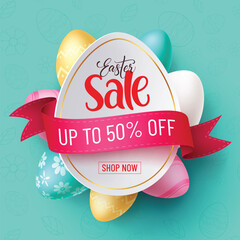 Wall Mural - Easter sale text vector template design. Easter sale 50% off discount promo in egg shape space for typography for seasonal shopping promotion. Vector illustration easter banner advertisement. 
