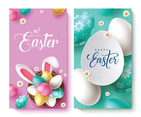 Wall Mural - happy easter text vector poster set. happy easter greeting text with colorful eggs and cute bunny ea
