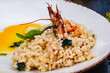 Risotto with seafood on white plate.