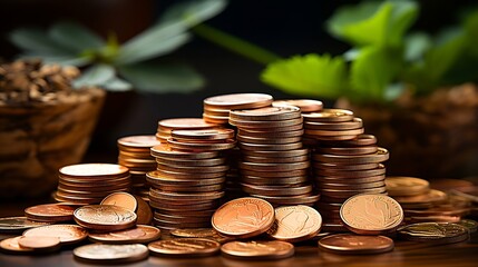 Fototapete - close-up of the coins stack for a financial business presentation background, home loan, money saving, stock and fund management, retirement plan concept, business growth, profit, sele : Generative AI