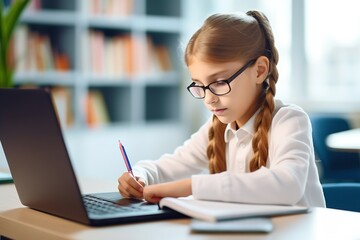 Poster - Close-up of pretty focused pupil child school girl doing homework writing notes with pen in paper notebook and looking at laptop computer, selective focus. Concept of online e-learning : Generative AI