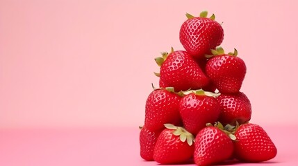 Poster - Stack of fresh strawberries on pink background, space for text : Generative AI