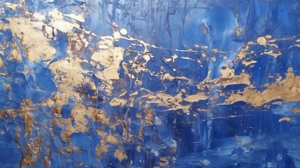 Poster - Blue alcohol stains of paint with the addition of gold powder. Subtle waves of paint, abstract blue waves of the ocean, lines of marble. Liquid paints, gradient stains, painting. : Generative AI
