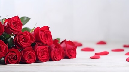 Wall Mural - Romantic still life, red roses on white wooden background. Valentine's day concept.Soft focus : Generative AI