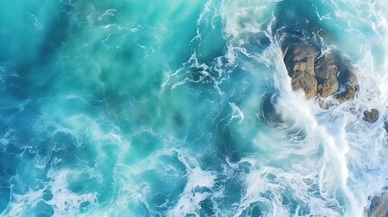 Poster - From above aerial view of turquoise ocean water with splashes and foam for abstract natural background and texture : Generative AI