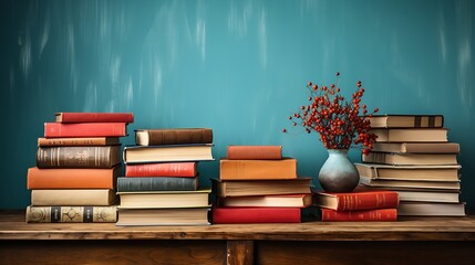 Fototapete - Composition with vintage old hardback books, diary, fanned pages on wooden deck table and red background. Books stacking. Back to school. Copy Space. Education background. : Generative AI