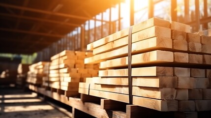 Aufkleber - Wooden planks and beams. Air-drying timber stack. Wood air drying. Wood for house construction. Building material. Wood warehouse : Generative AI
