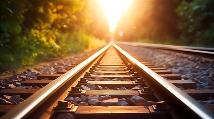 close up and selective focus photo of railway track or railroad or rel kereta api with morning sunli