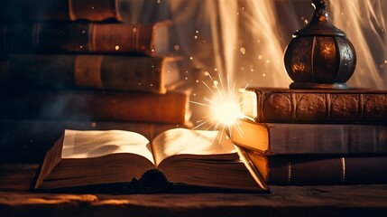 Fototapete - Old books on wooden desk and ray of light. Bookshelf history theme grunge background. Concept on the theme of history, nostalgia, old age. Retro style. Old book as a symbol of knowledg : Generative AI