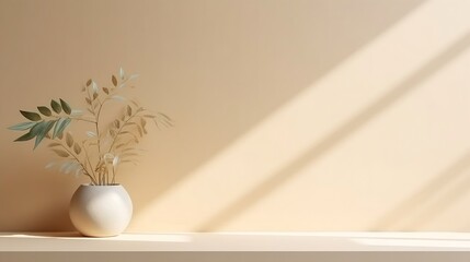 Poster - Minimalistic abstract gentle light beige background for product presentation with light andand intricate shadow from the window and vegetation on wall. : Generative AI