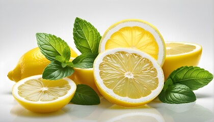 Wall Mural - Lemons and mint on white background. Health and wellness concept. Healthy food.