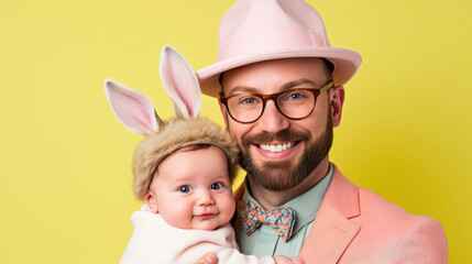 Wall Mural - Cheerful father wearing pink bunny ears smiles while holding an adorable baby in a bunny hat against a yellow background.