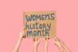 © Pixel-Shot - Female hands holding cardboard with text WOMEN'S HISTORY MONTH on pink background