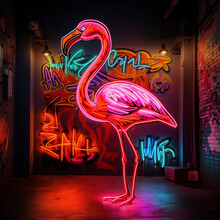 Illustration Of A Glowing Flamingo Neon Sign Standing In Side Alley, Night Club, Urban Scene Subculture, Street Art, Empty Street At Night, Vivid Red Color