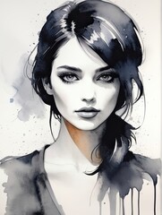Wall Mural - Girl portrait, black and white watercolor illustration, highly detailed beautyfull face, concept art