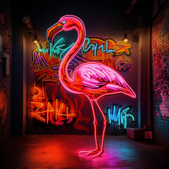 Illustration of a glowing flamingo neon sign standing in side alley, night club, urban scene subculture, street art, empty street at night, Vivid red color