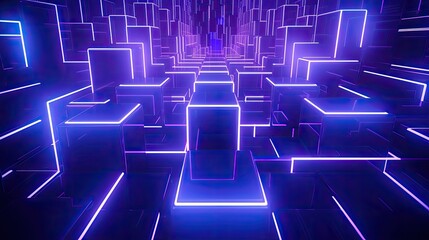 Poster - 3D render, abstract geometric background with shapes and neon lines glowing in ultraviolet light
