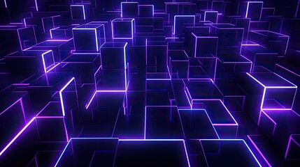 Poster - 3D render, abstract geometric background with shapes and neon lines glowing in ultraviolet light