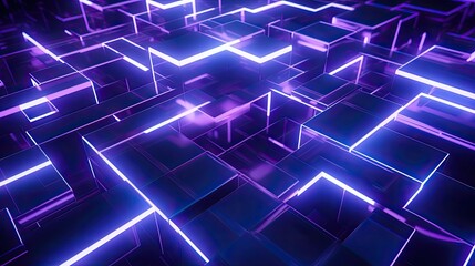 Poster - 3D render, abstract geometric background with shapes and neon lines glowing in ultraviolet light