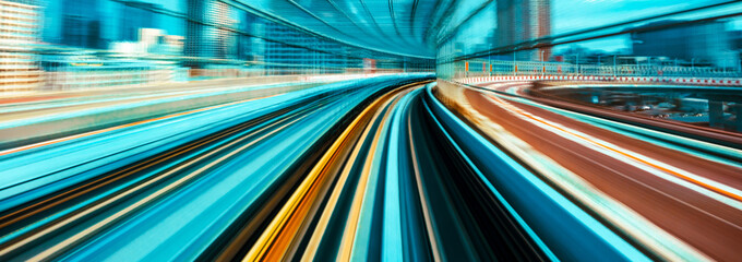 Canvas Print - Abstract high speed technology POV motion blurred concept image from the Yuikamome monorail in Tokyo, Japan