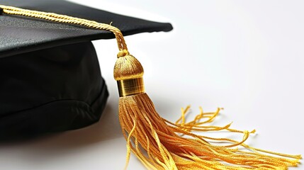 Graduation cap with gold tassel isolated on white background