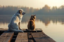 Dog And Cat Sitting With Their Backs On A Bridge By A Lake
