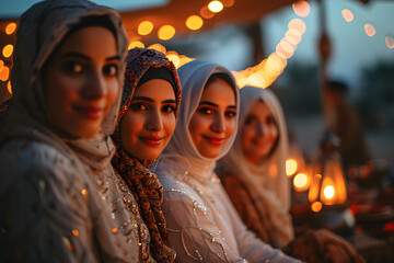 Wall Mural - Group of happy muslim women wearing hijab taking selfie with mobile phone at sunset