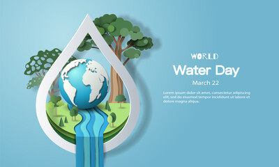 world water day, a water-shaped frame with a globe and water flowing through it. paper illustration 