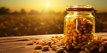 Jar With A Golden Spread, Lid Afloat, With Peanuts Caught In A Sunbeam